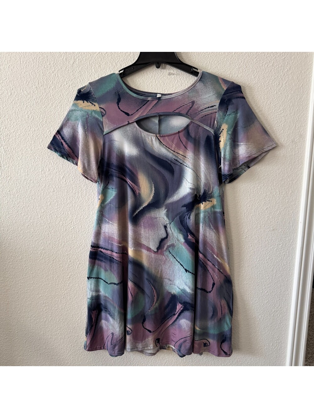 Watermelon Y2K Abstract Watercolor Keyhole Dress Sz L Purple Teal Stretch Artsy